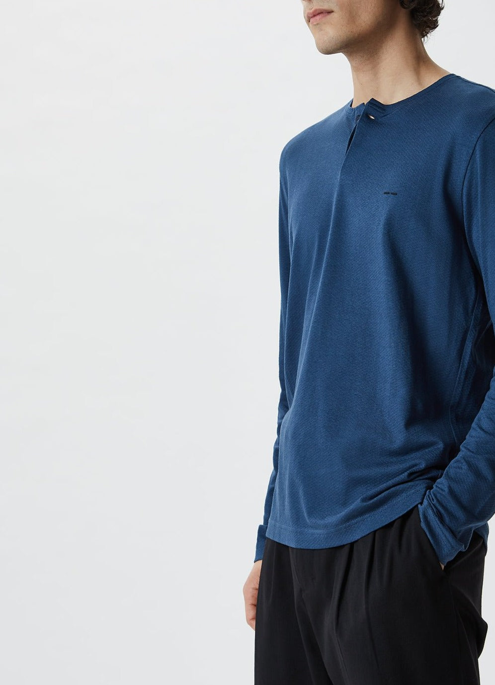 Men Long-Sleeve T-Shirt | Prussian Blue Button Neck Elastic T-Shirt by Spanish designer Adolfo Dominguez