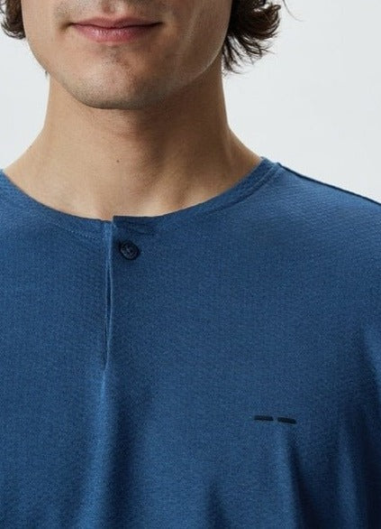 Men Long-Sleeve T-Shirt | Prussian Blue Button Neck Elastic T-Shirt by Spanish designer Adolfo Dominguez