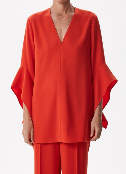 Women Long-Sleeve Shirt | Red Bell Sleeve Shirt With V-Neckline by Spanish designer Adolfo Dominguez