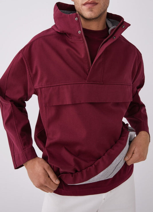 Men Short Jacket | Red Hooded Pullover With Maxi Pocket by Spanish designer Adolfo Dominguez