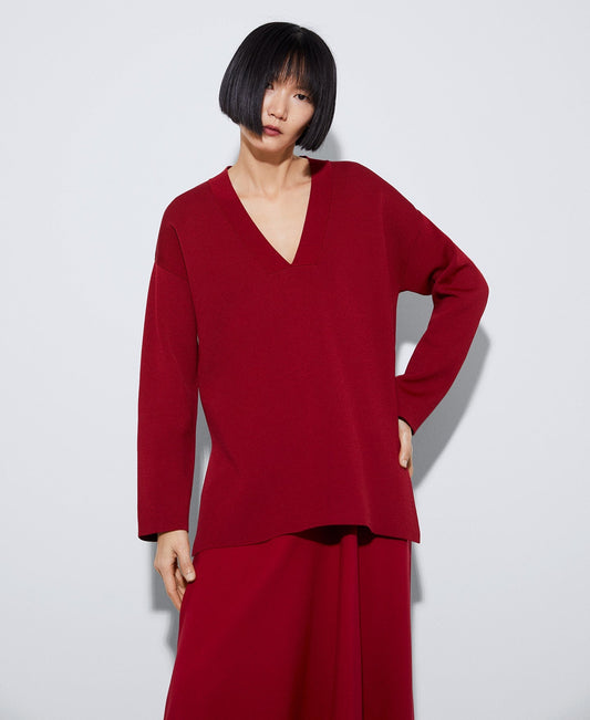 Women Jersey | Red Recycled Nylon V-Neck Sweater by Spanish designer Adolfo Dominguez