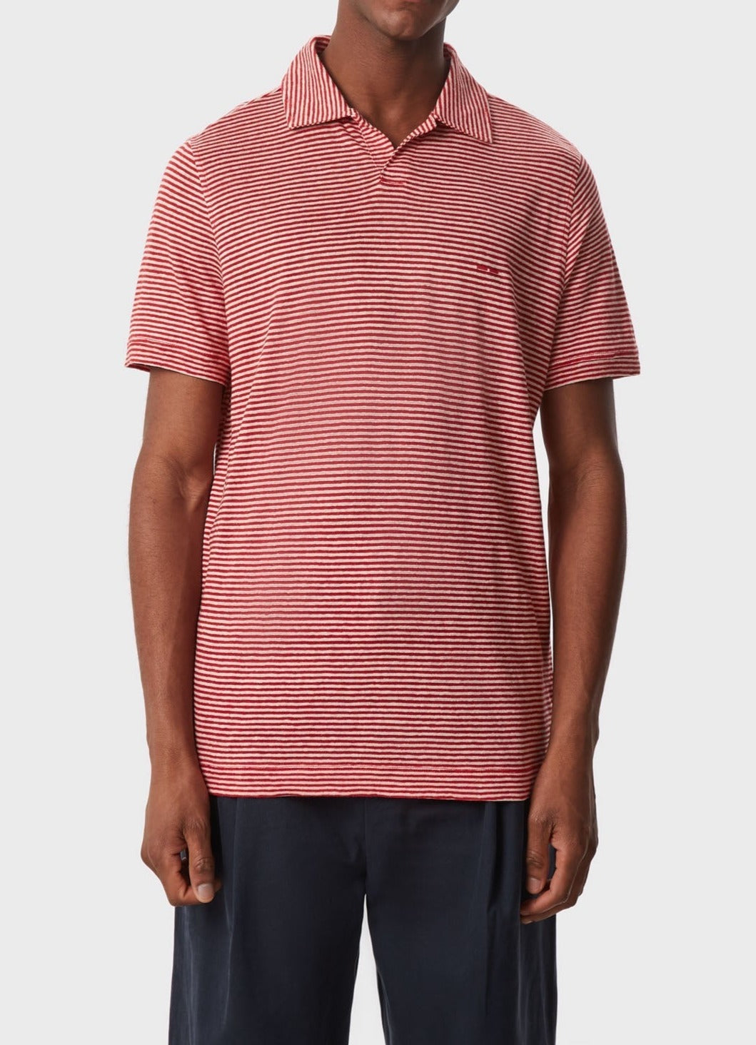 Men Polo | Red Stripe Striped Linen Polo Shirt by Spanish designer Adolfo Dominguez