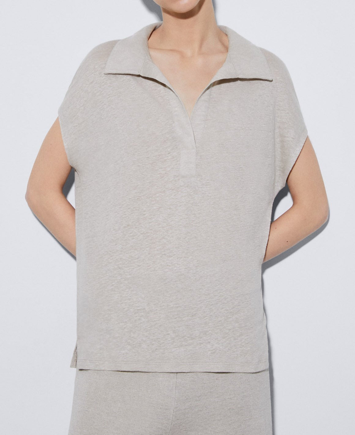 Women T-Shirt (Short Sleeve) | Sand Linen Polo Shirt With Placket by Spanish designer Adolfo Dominguez