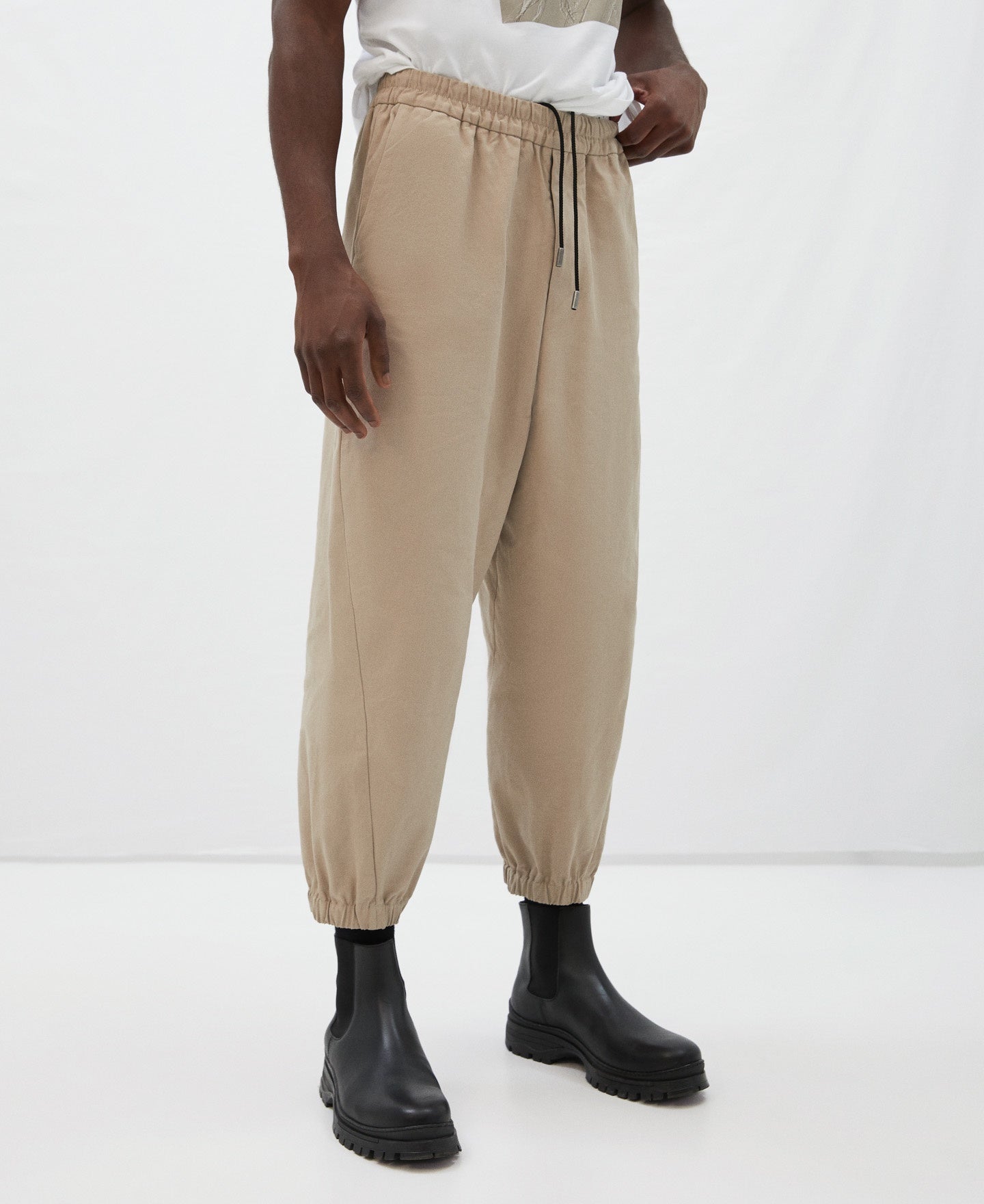 Men Trousers | Stone Ankle Length Elasticated Nylon Trousers by Spanish designer Adolfo Dominguez