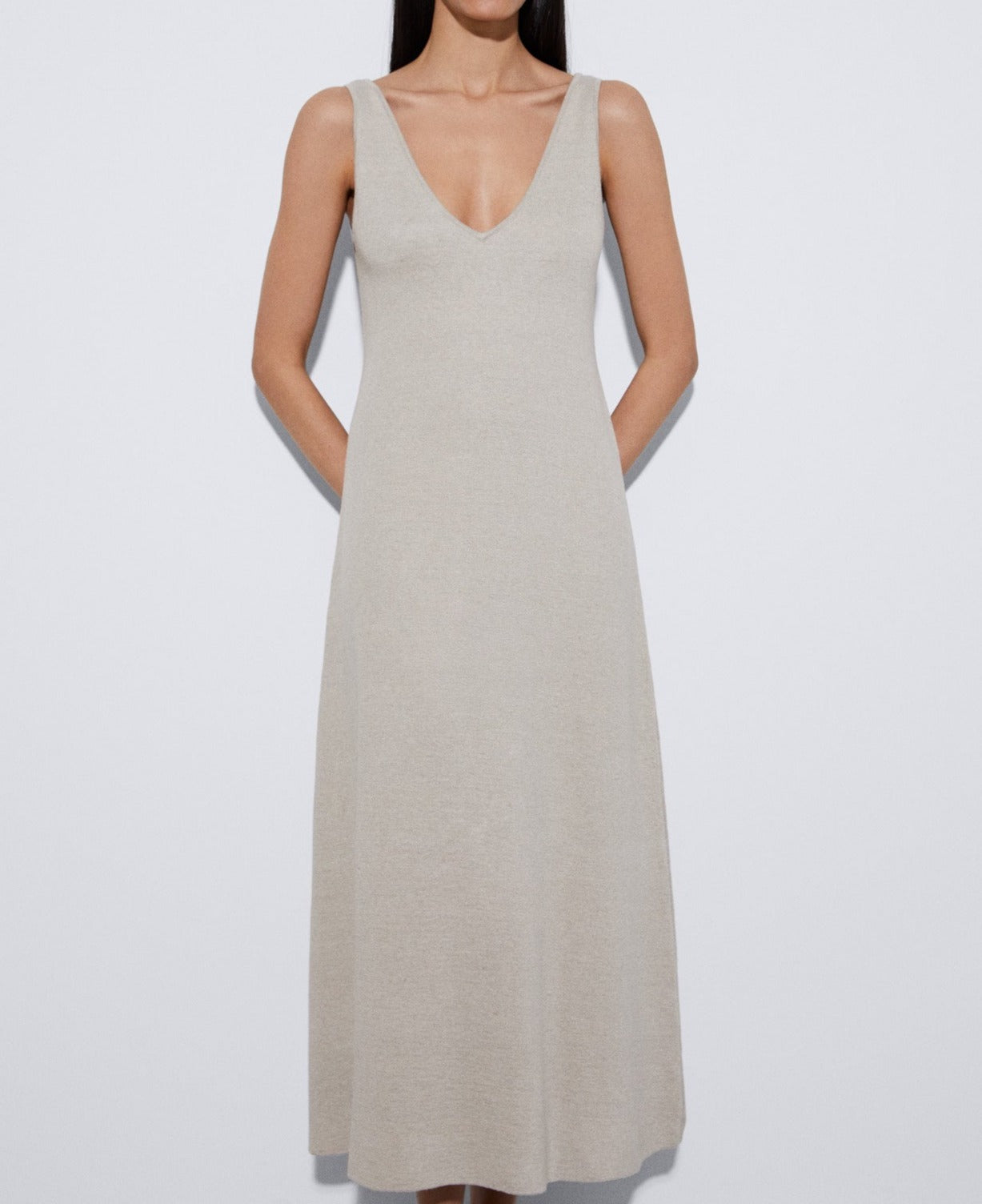 Women Dress | Stone/Ecru V-Neck Dress In Linen by Spanish designer Adolfo Dominguez