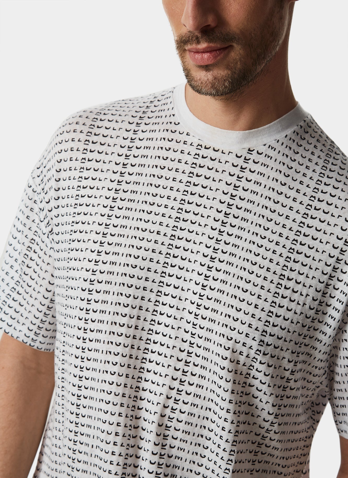 Men T-Shirt (Short Sleeve) | White Elastic Linen T-Shirt With Print by Spanish designer Adolfo Dominguez