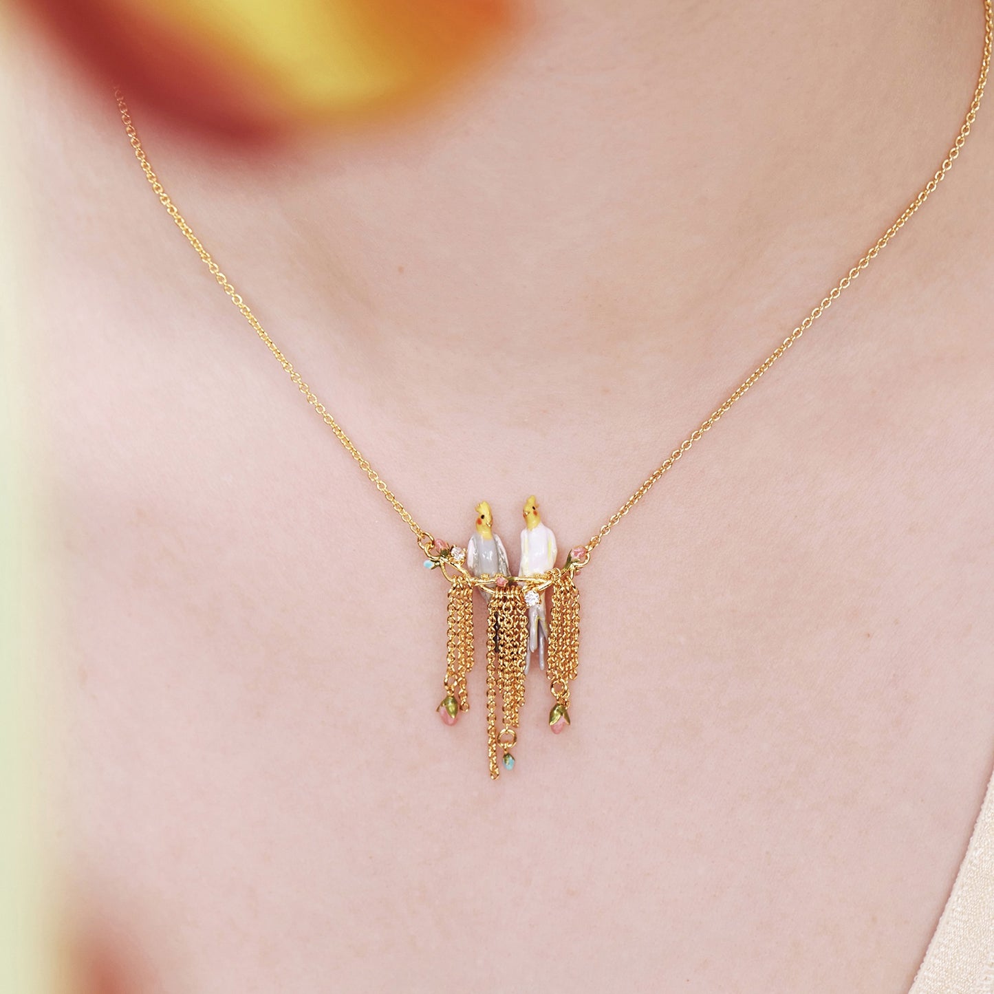 Duo Of Cockatiel And Rosebuds Statement Necklace | AOLA3011