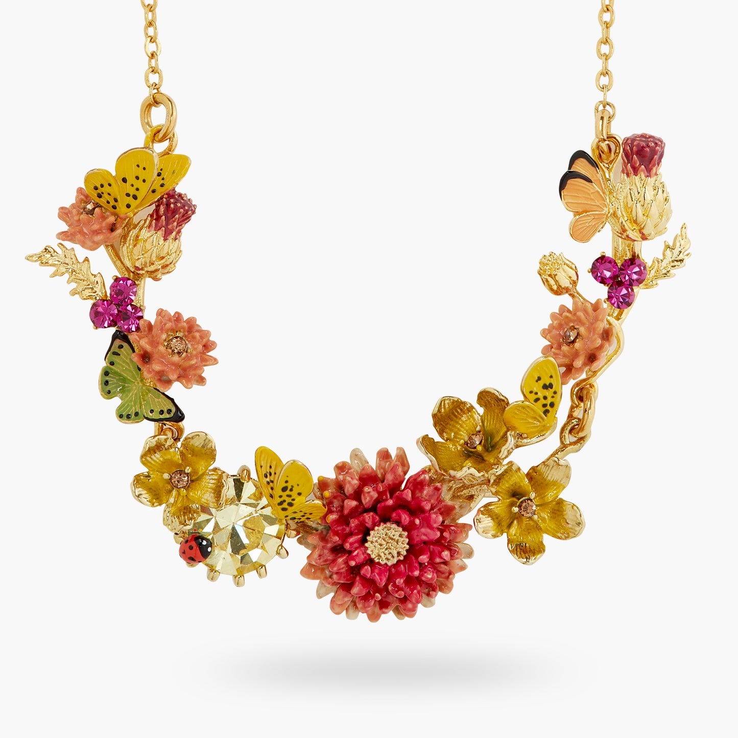 Butterfly Field, Flower And Stone Statement Necklace | ATLA3011